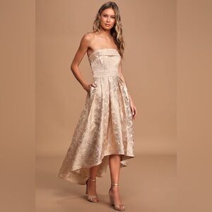 Cream Floral Jacquard Strapless High-Low Dress